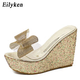 Cinessd Eilyken PVC Transparent Slippers Women Summer Toe Platform Bow Crystal Slide Wedge Sandals Size 34-40