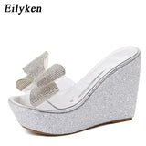 Cinessd Eilyken PVC Transparent Slippers Women Summer Toe Platform Bow Crystal Slide Wedge Sandals Size 34-40