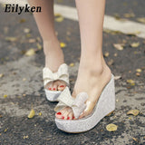 Cinessd Eilyken PVC Transparent Slippers Women Summer Toe Platform Bow Crystal Slide Wedge Sandals Size 34-40