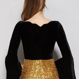 Cinessd - Long Sleeves Velvet Bodice Patchwork Sequined Elegant Floor Length Dresses