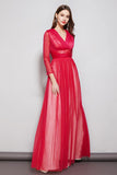 Cinessd - Sexy V Neck Long Sleeves Ruched Waist Layered Elegant Maxi Dresses