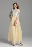 Cinessd - Embroidery Long Sleeves Party Prom Elegant Floral Maxi Fashion Dresses