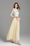 Cinessd - Embroidery Long Sleeves Party Prom Elegant Floral Maxi Fashion Dresses