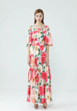 Cinessd - Slash Neckline Floral Printed Tiered Ruffles Elegant Long Maxi Dresses