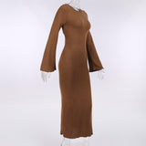 Cinessd - solid knitted open back flared long sleeve maxi dress