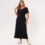 Cinessd - Summer Long Dress Plus Size Women Black Solid Color Webbing V-neck Short-sleeved Loose Casual Party Large Maxi Dresses