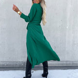 Cinessd - Slim Lace Up Long Sleeve Turn Down Collar Maxi Dress