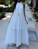 Cinessd - Halter White Pleated Maxi Dress