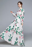 Cinessd - Maxi Dresses Women's Long Sleeve Print Elastic Waist Holiday Elegant Long Dress