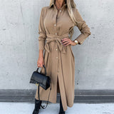 Cinessd - Slim Lace Up Long Sleeve Turn Down Collar Maxi Dress