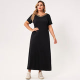 Cinessd - Summer Long Dress Plus Size Women Black Solid Color Webbing V-neck Short-sleeved Loose Casual Party Large Maxi Dresses