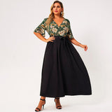 Cinessd - Summer Maxi Dress Women Plus Size Green And Black Loose Floral Print Belt Half Sleeve V-neck Holiday Casual Large Robes