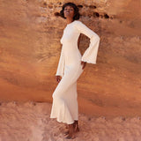 Cinessd - solid knitted open back flared long sleeve maxi dress