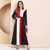 Cinessd - Women Dress Office Lady Elegant Color Block Turn-down Collar Long Sleeve Belted Maxi Dress