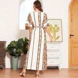 Cinessd - New Women Summer Boho Long Dress White Fashion Tribal Print Batwing Half Sleeve Belted Kaftan Holiday Style Maxi Dresses