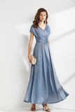 Cinessd - V Neck Cape Sleeves Criss Cross Elegant Long Maxi Dress