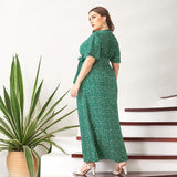 Cinessd - Summer Maxi Dress Women Green Floral Sashes Front Belted Split Flared Short Sleeve V-neck Boho Holiday Robes