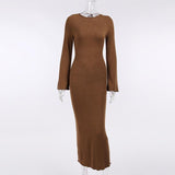 Cinessd - solid knitted open back flared long sleeve maxi dress