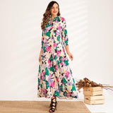 Cinessd - New Summer Maxi Dress Women Multicolor Floral Printing 3/4 Sleeve Bow Tie Collar A-line Bohemian Elegant Holiday Style Robe