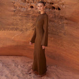 Cinessd - solid knitted open back flared long sleeve maxi dress