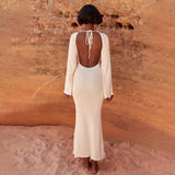 Cinessd - solid knitted open back flared long sleeve maxi dress