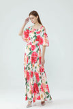 Cinessd - Slash Neckline Floral Printed Tiered Ruffles Elegant Long Maxi Dresses