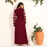 Cinessd - New Summer Women Party Dress Elegant Burgundy Long Dress Sexy Mesh Ruffle Long Sleeve Belted Maxi Dresses Retro Vestido