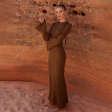 Cinessd - solid knitted open back flared long sleeve maxi dress