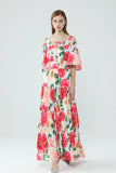 Cinessd - Slash Neckline Floral Printed Tiered Ruffles Elegant Long Maxi Dresses