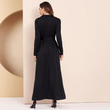 Cinessd - Women Dress Office Lady Elegant Color Block Turn-down Collar Long Sleeve Belted Maxi Dress