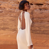 Cinessd - solid knitted open back flared long sleeve maxi dress