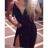 Cinessd - High split black sequined dress women spaghetti strap long maxi dress Elegant formal celebrate party dresses robe femme