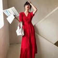 Cinessd - Women Cotton Patchwork Lace Dresses V-Neck Lantern Sleeve Maxi Dress