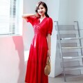 Cinessd - Women Cotton Patchwork Lace Dresses V-Neck Lantern Sleeve Maxi Dress