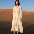 Cinessd - Women Cotton Patchwork Lace Dresses V-Neck Lantern Sleeve Maxi Dress