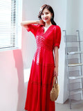 Cinessd - Women Cotton Patchwork Lace Dresses V-Neck Lantern Sleeve Maxi Dress