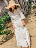 Cinessd - Women Cotton Patchwork Lace Dresses V-Neck Lantern Sleeve Maxi Dress