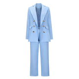 Cinessd- Large Lapel Double Breasted Blazer and Straight Pants Set