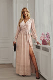 Cinessd - Bright Silk Diamond Lantern Sleeve Maxi Dress