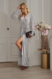 Cinessd - Bright Silk Diamond Lantern Sleeve Maxi Dress