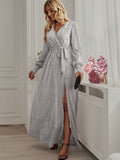 Cinessd - Bright Silk Diamond Lantern Sleeve Maxi Dress