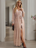 Cinessd - Bright Silk Diamond Lantern Sleeve Maxi Dress