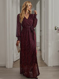 Cinessd - Bright Silk Diamond Lantern Sleeve Maxi Dress