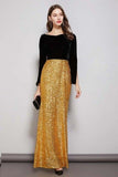 Cinessd - Long Sleeves Velvet Bodice Patchwork Sequined Elegant Floor Length Dresses