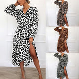 Cinessd - Leopard Women Chiffon Long Dress Long Sleeve Deep V-neck Party Dress