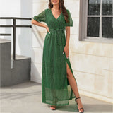 Cinessd - Luxury Ankle Length Belt Sequin V Neck Short Sleeve Elegant Party Maxi Dress