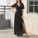 Cinessd - Luxury Ankle Length Belt Sequin V Neck Short Sleeve Elegant Party Maxi Dress