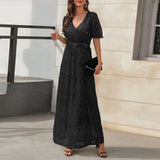 Cinessd - Luxury Ankle Length Belt Sequin V Neck Short Sleeve Elegant Party Maxi Dress