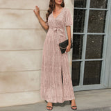 Cinessd - Luxury Ankle Length Belt Sequin V Neck Short Sleeve Elegant Party Maxi Dress