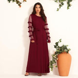 Cinessd - New Summer Women Party Dress Elegant Burgundy Long Dress Sexy Mesh Ruffle Long Sleeve Belted Maxi Dresses Retro Vestido